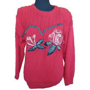 VTG DUET Women's Small Red Sweater with Flower Embroidery Contrast Details Beads
